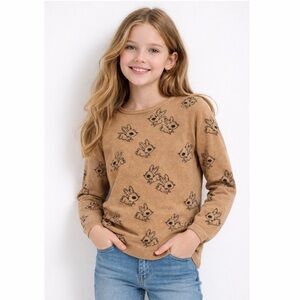 H&M Girls Bunny Sweater US 8/10 Tan Long Sleeve Knit Top Cute Print